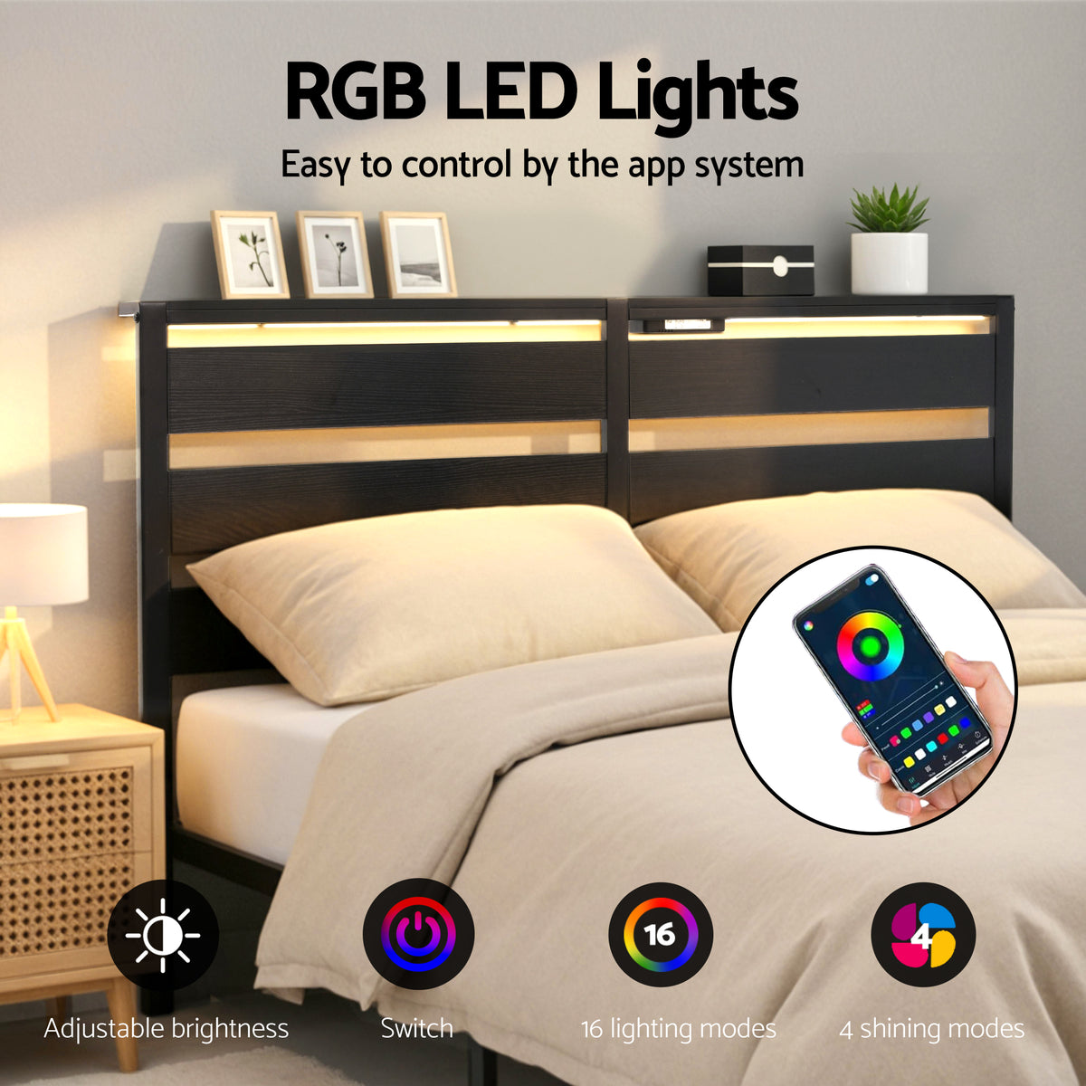 Artiss Bed Frame Double Size LED Metal Bed Base with Charging Station