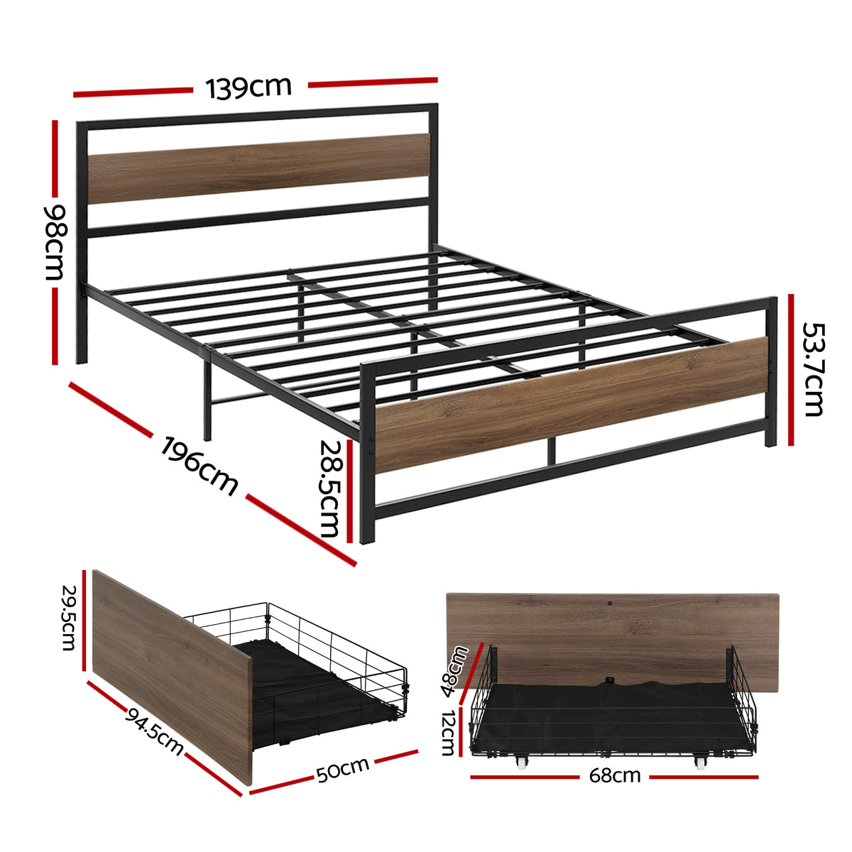 Artiss Bed Frame Double Size Metal Frame with 2 Drawers DREW