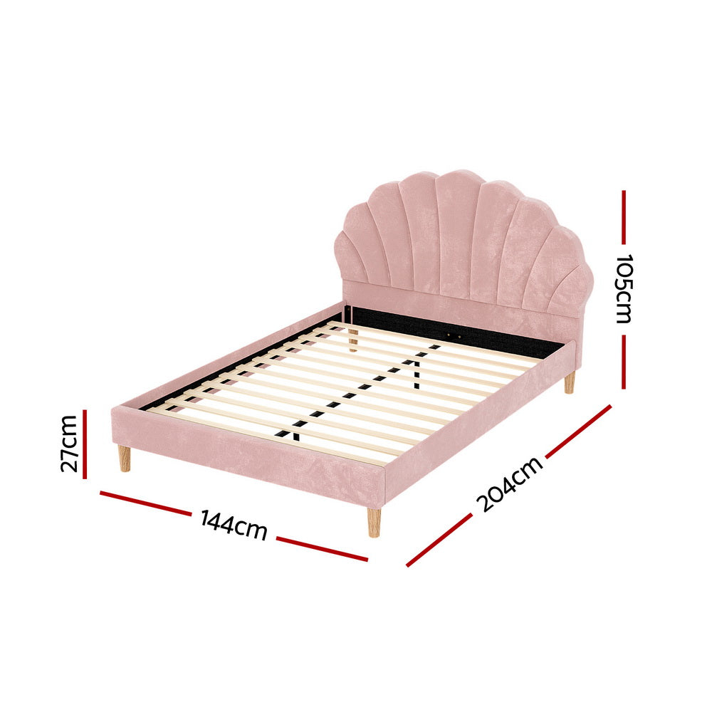 Artiss Bed Frame Double Size Scallop-Shape Bedhead Beds Base Pink Velvet Fabric