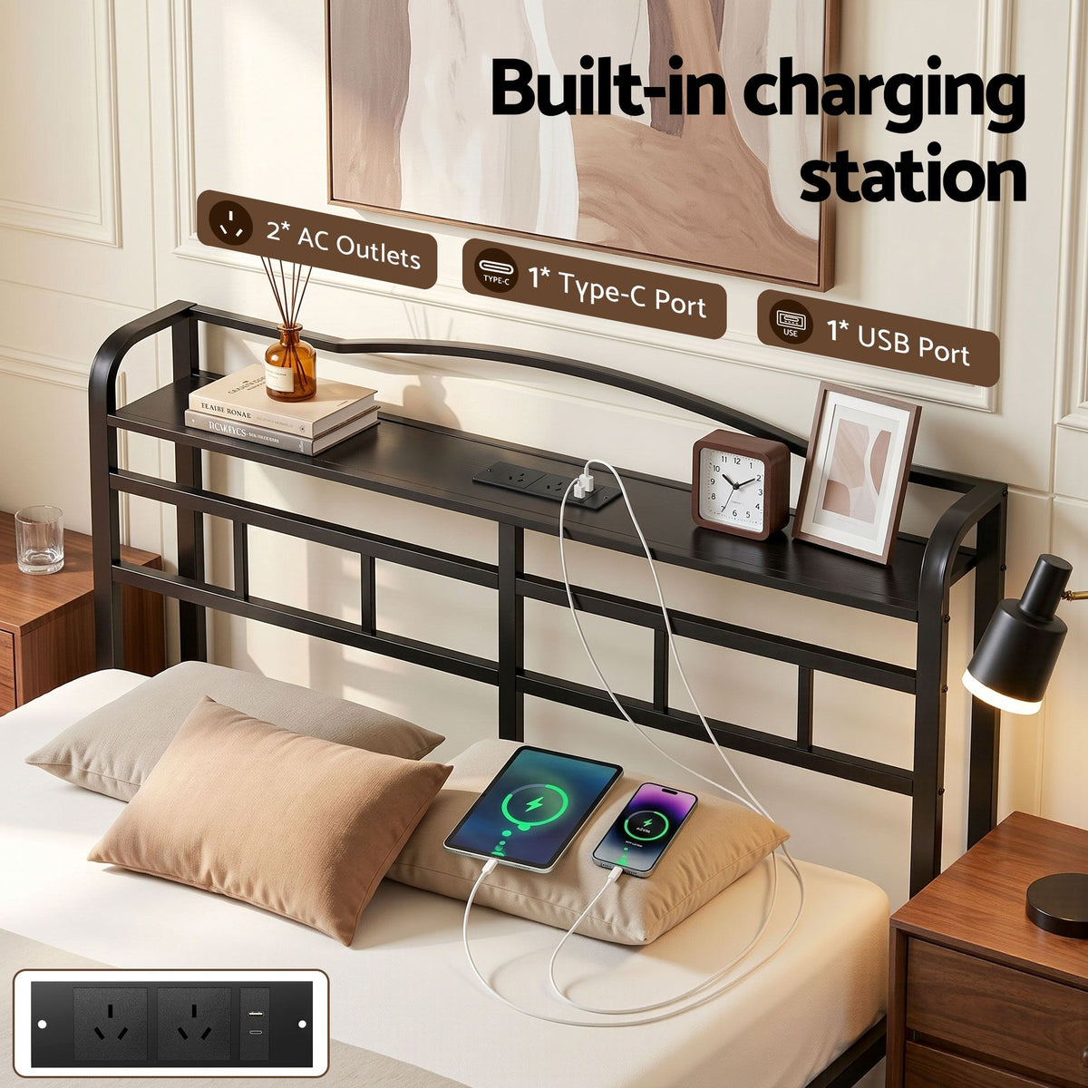 Artiss Bed Frame Double Size with Charging Station WAVE