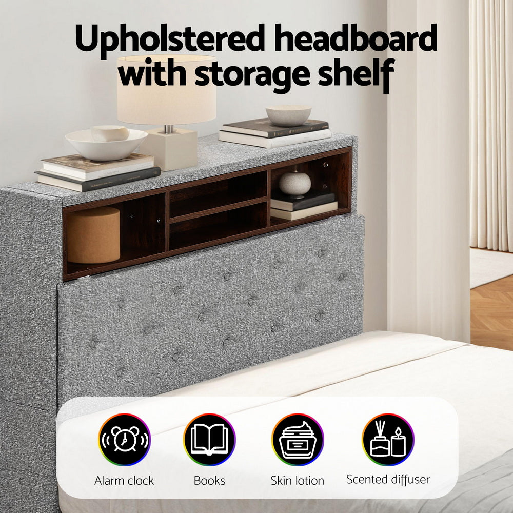 Artiss Bed Frame King Single Size LED Mattress Base Platform with Storage Shelf Hidden Storage Box Grey