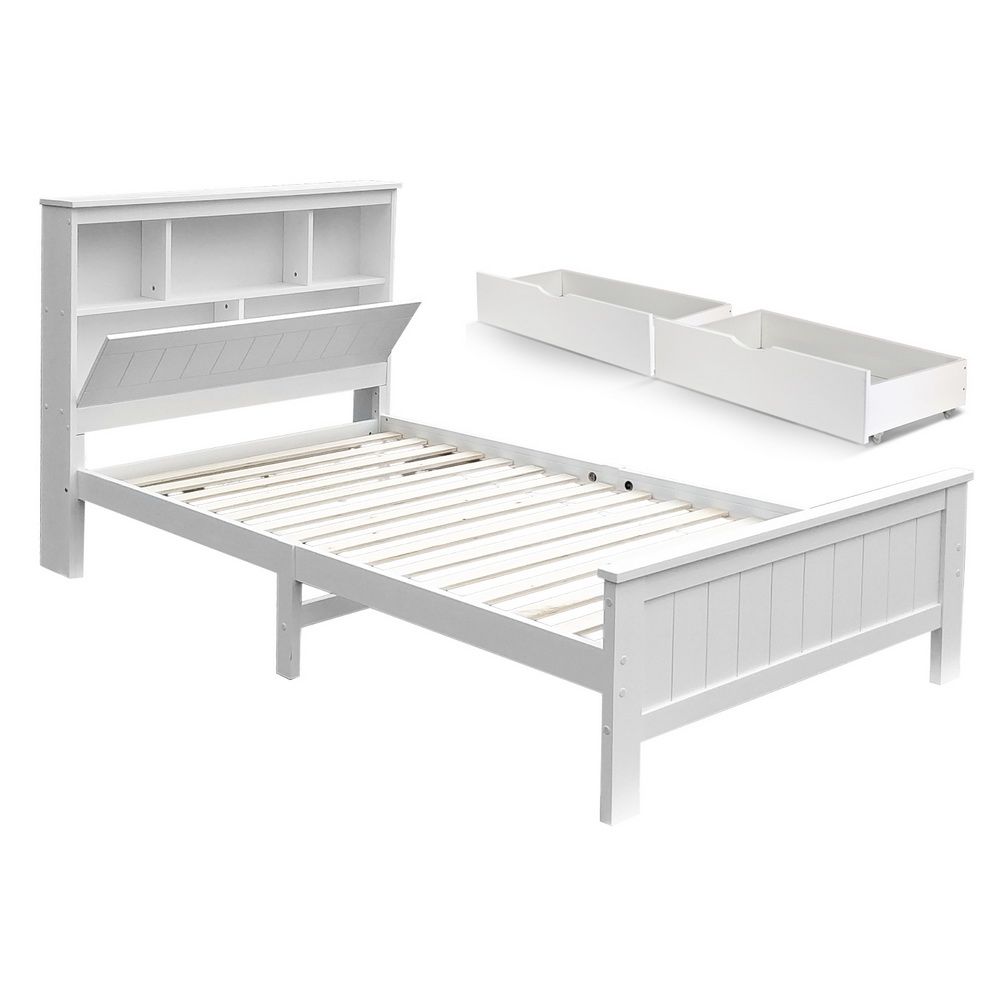 Artiss Bed Frame King Single Size Wooden with 2 Storage Drawers White