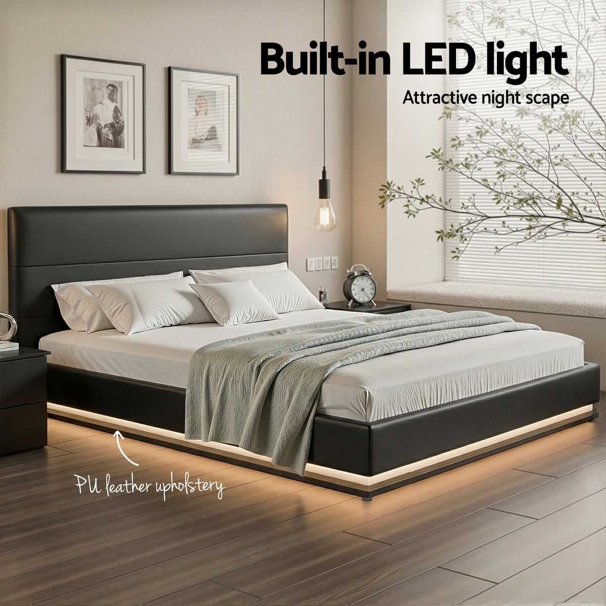 Artiss Bed Frame King Size LED Gas Lift Black LUMI