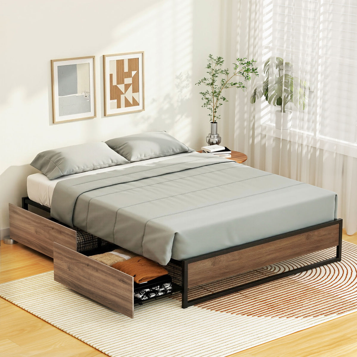 Artiss Bed Frame Metal Frame Double Size Bed Base 2 Drawers OSLO