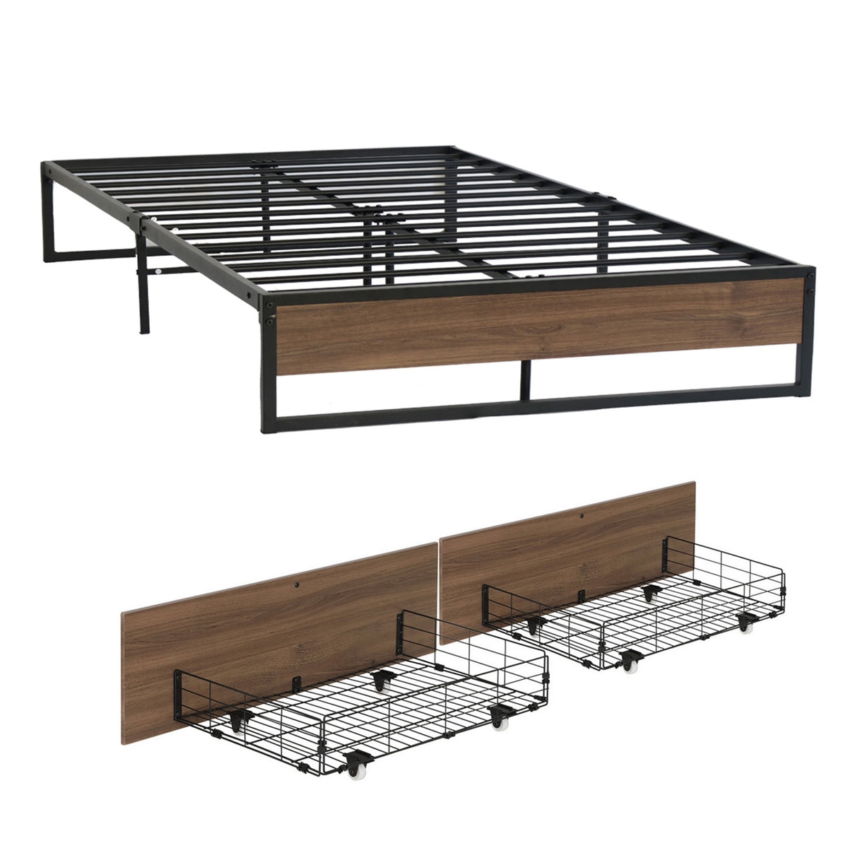 Artiss Bed Frame Metal Frame Queen Size Bed Base 2 Drawers OSLO