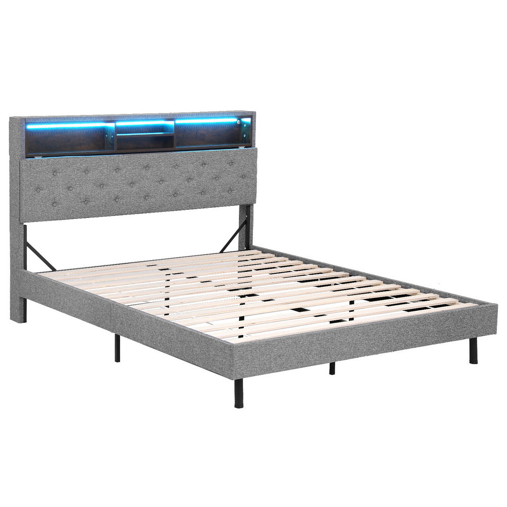 Artiss Bed Frame Queen Size LED Mattress Base Platform with Storage Shelf Hidden Storage Box Grey