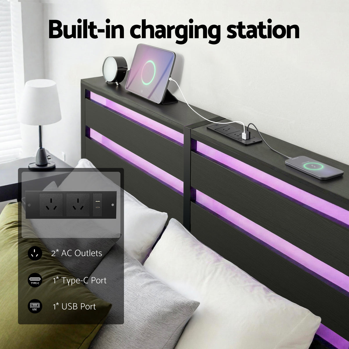 Artiss Bed Frame Queen Size LED Metal Bed Base with Charging Station