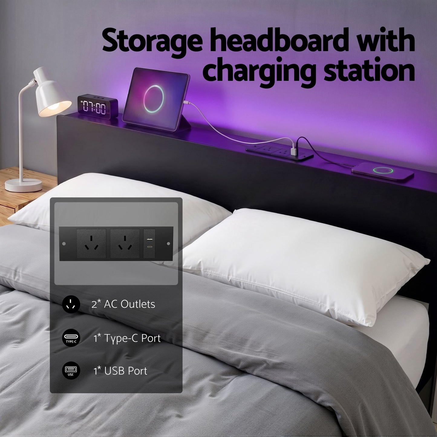 Artiss Bed Frame Queen Size LED Metal Bed Base with Charging Station LAN