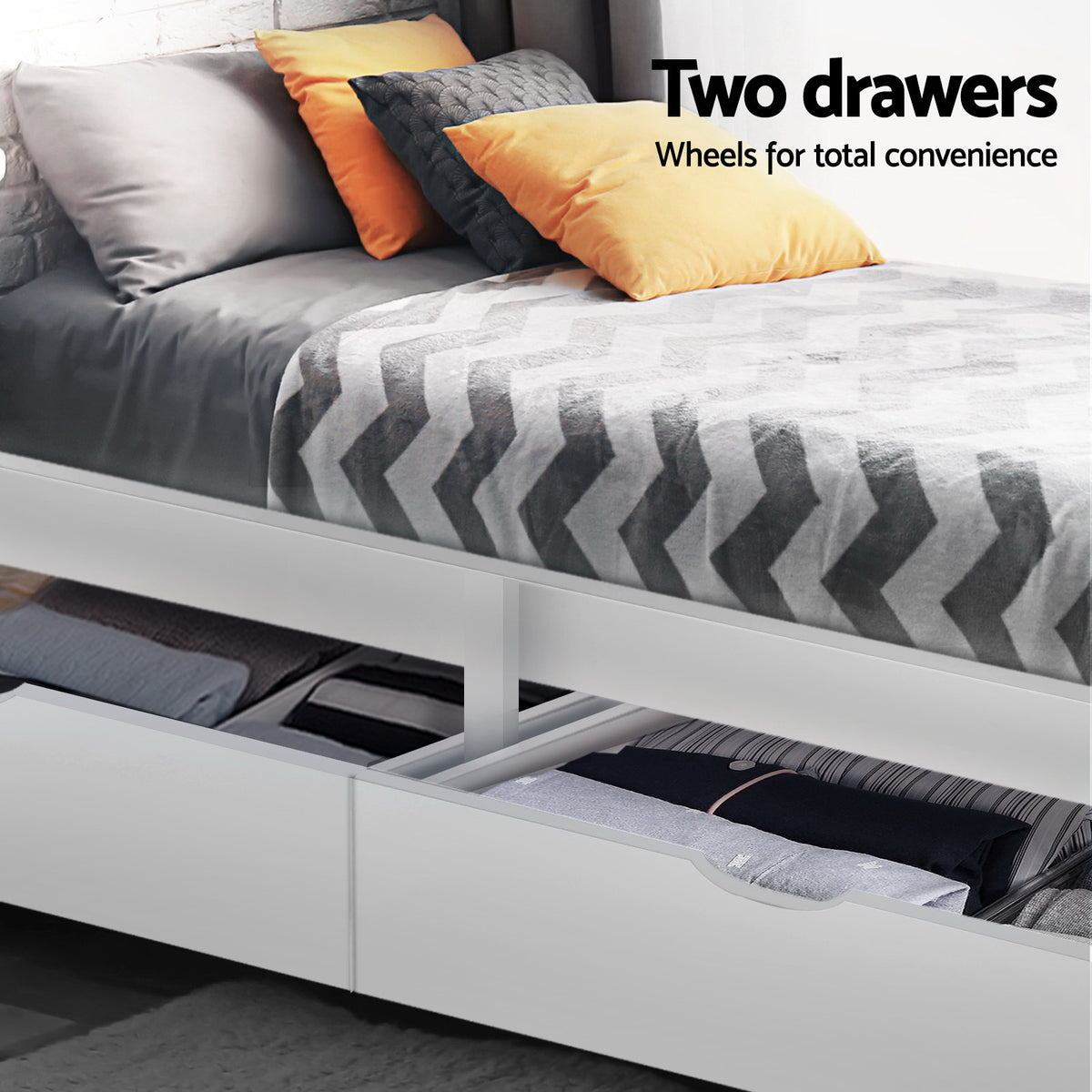 Artiss Bed Frame Single Size Wooden with 2 Drawers White RIO