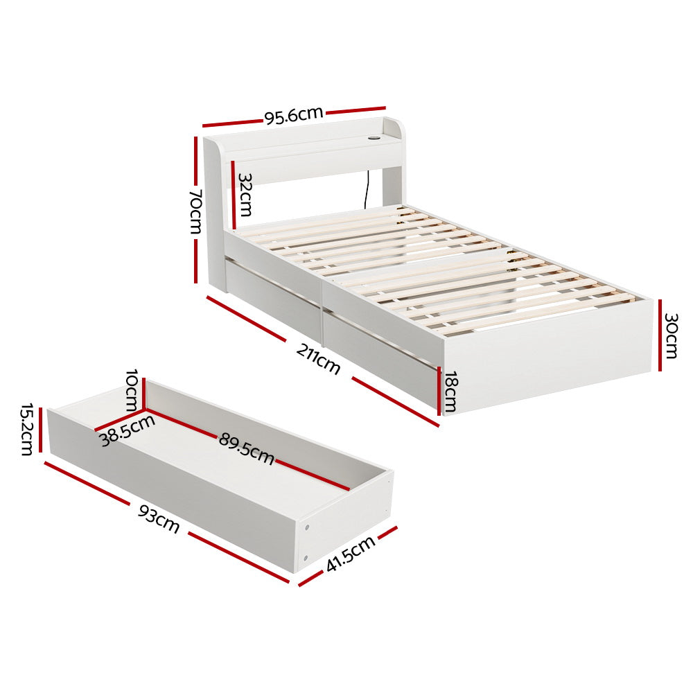 Artiss Bed Frame Single Size with Charging Ports and 2 Drawers AURA