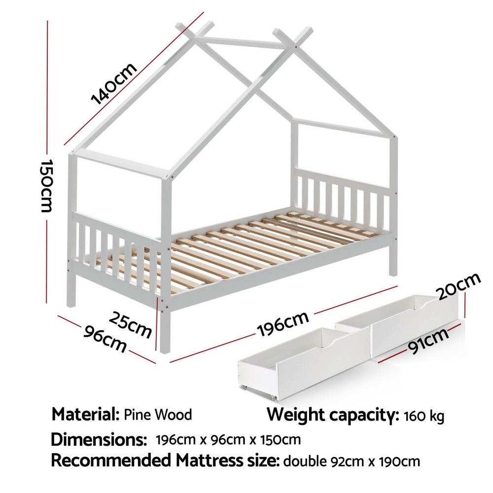 Artiss Bed Frame Wooden Base Kids Single Timber House with 2 Storage Drawers Beds White