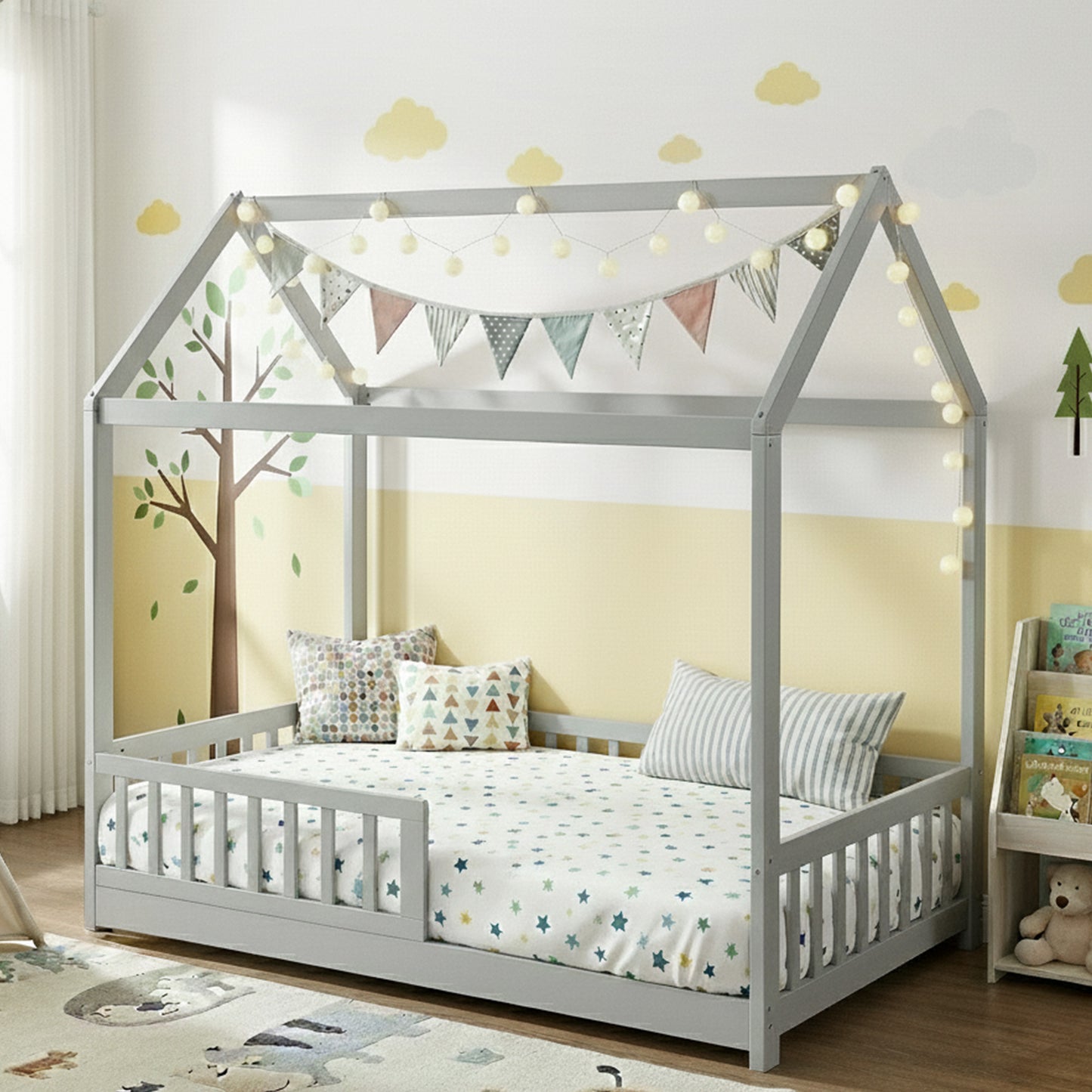 Artiss Bed Frame Wooden Kids House Frame Grey ROCK
