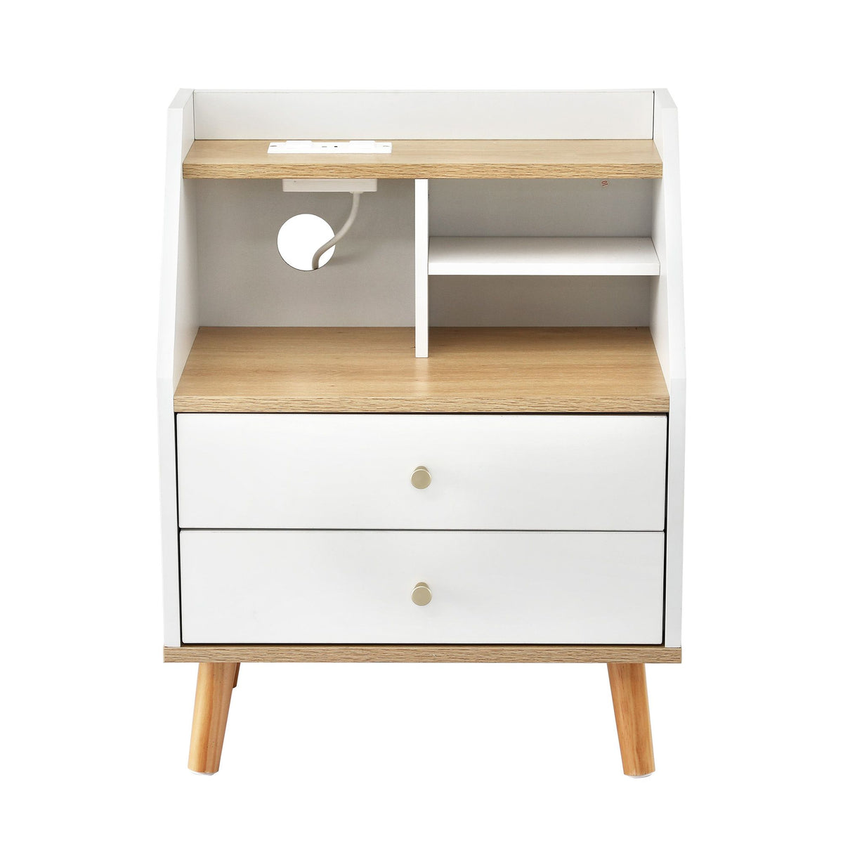 Artiss Bedside Table 2 Drawers Charging Station White and Pine