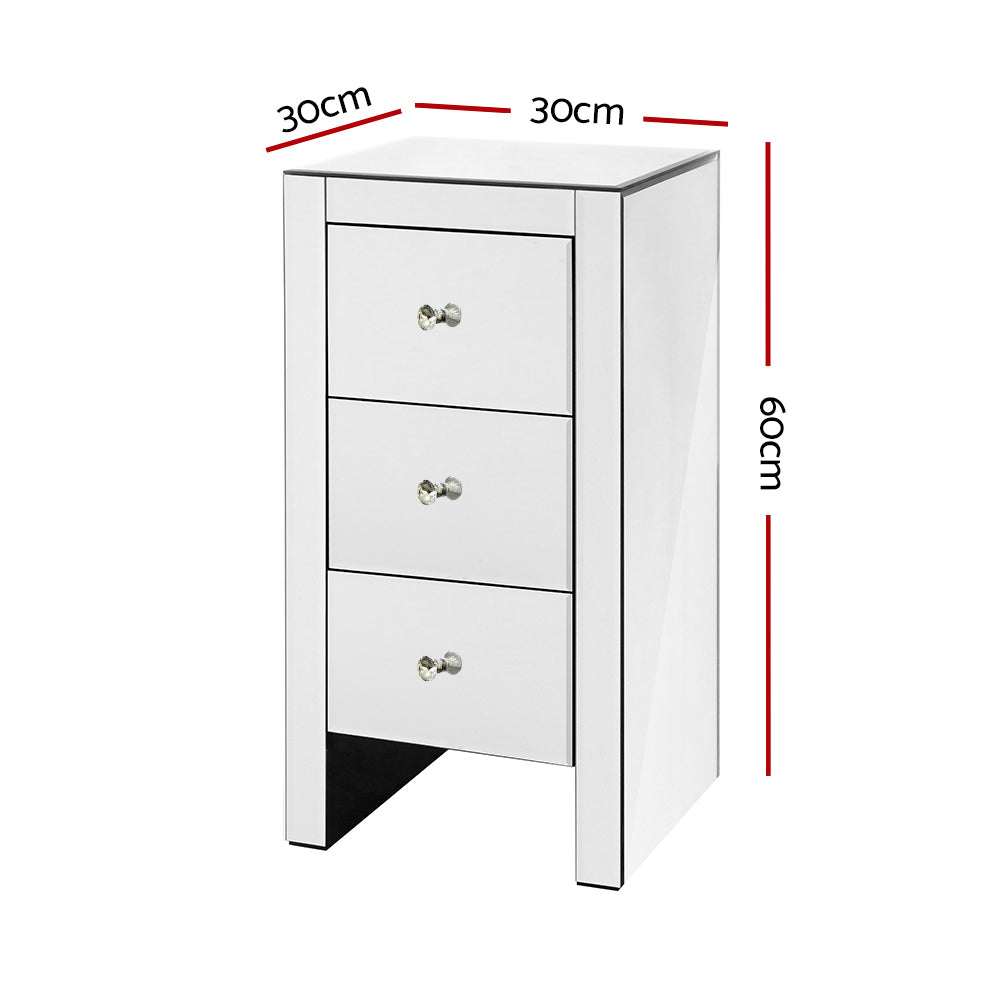 Artiss Bedside Table 3 Drawers Mirrored - QUENN Silver