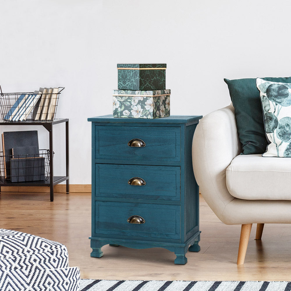 Artiss Bedside Table 3 Drawers Vintage - THYME Blue