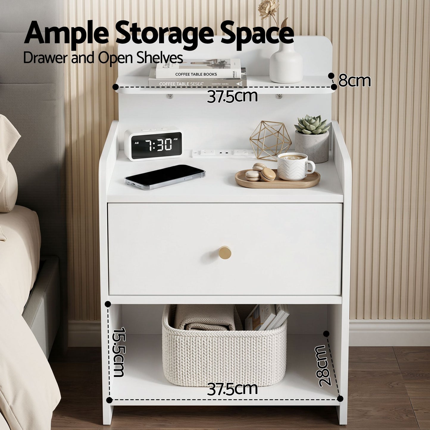 Artiss Bedside Table Drawer Charging Station White