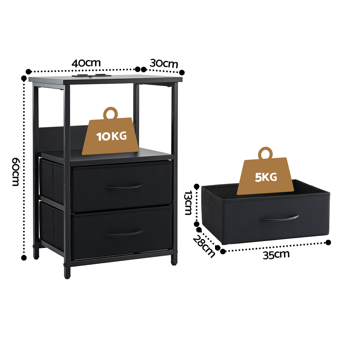 Artiss Bedside Table LED Nightstand Charging Station 2 Drawers Foldable Black