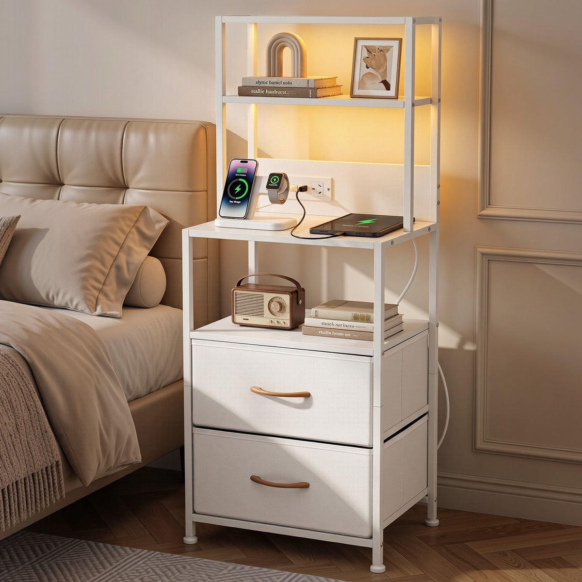 Artiss Bedside Table Tall Nightstand with Charging Station Drawers LED White