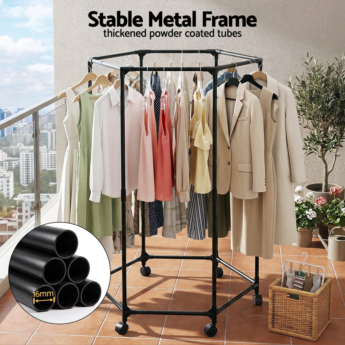 Artiss Clothes Rack Airer Rail Coat Stand Wheels 6 Rods