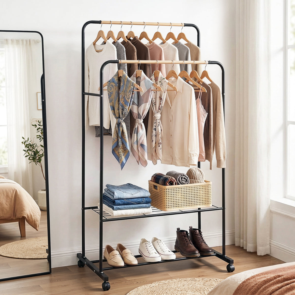 Artiss Clothes Rack Double Rod Airer Rail Coat Stand Hanger Storage Shelf