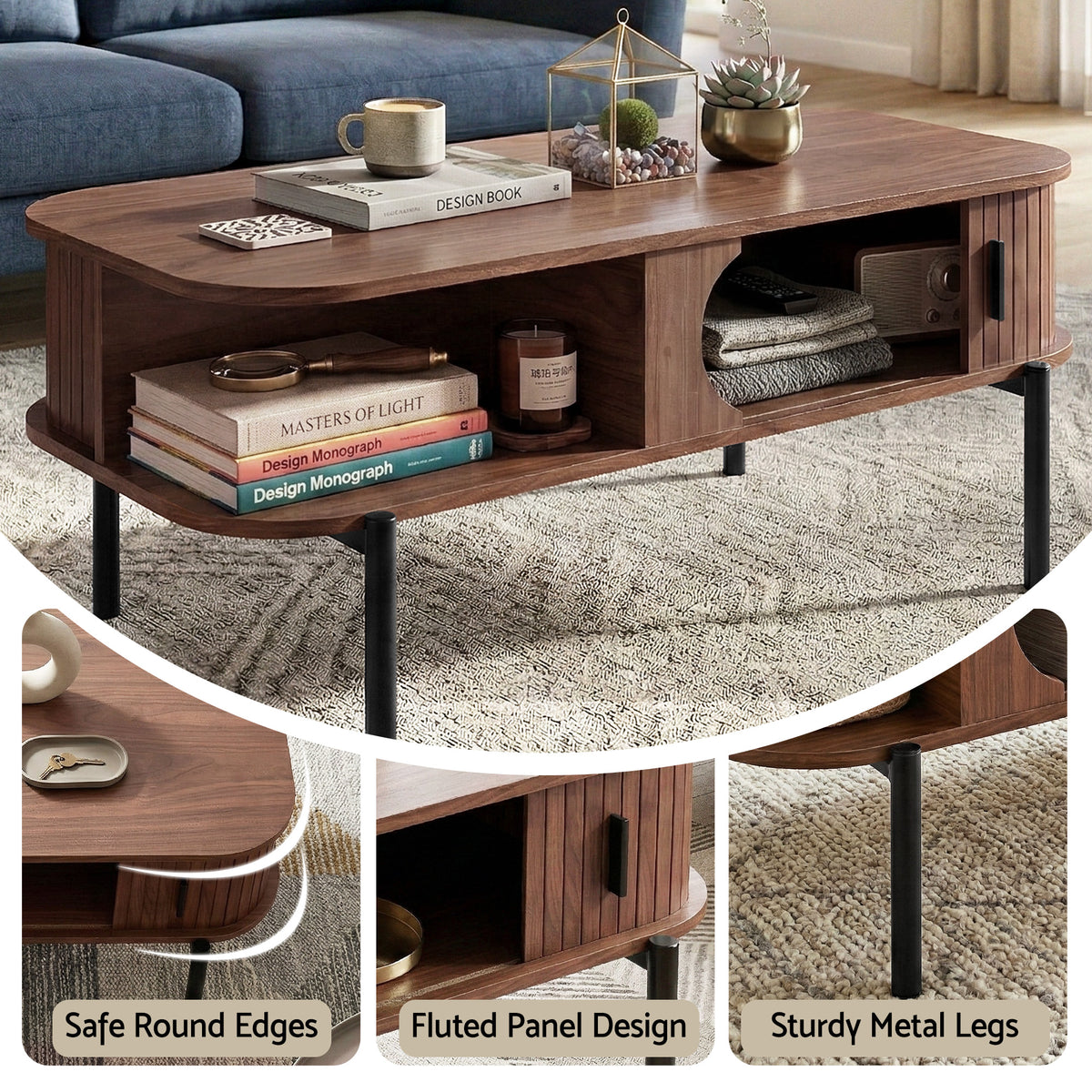 Artiss Coffee Table Living Room Center Table Shelf Cabinet Walnut