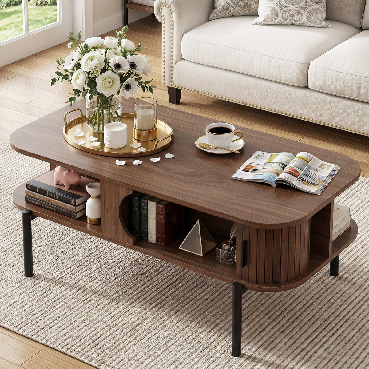 Artiss Coffee Table Living Room Center Table Shelf Cabinet Walnut