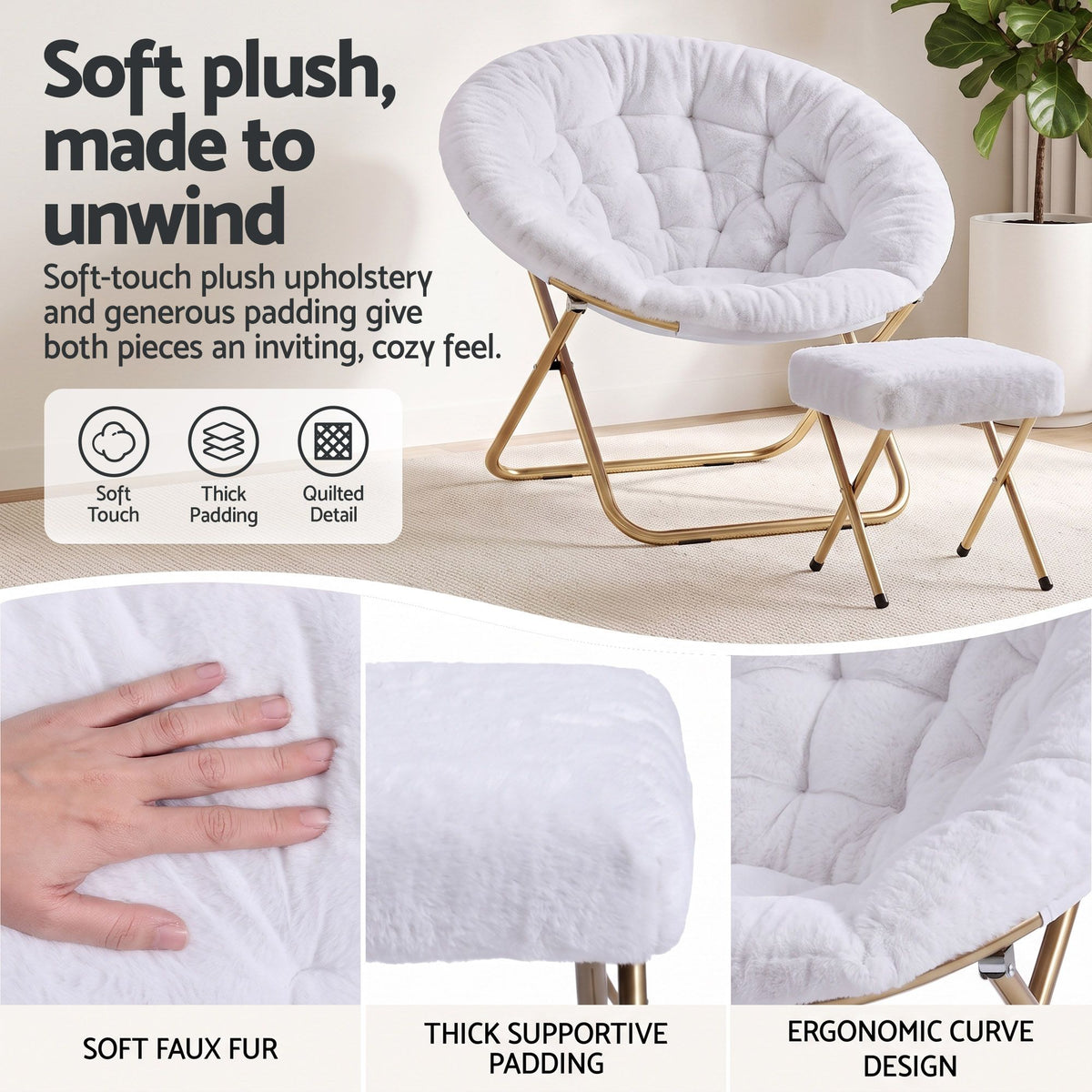 Artiss Comfy Saucer Chair Soft Faux Fur Foldable Accent Chair with Ottoman White