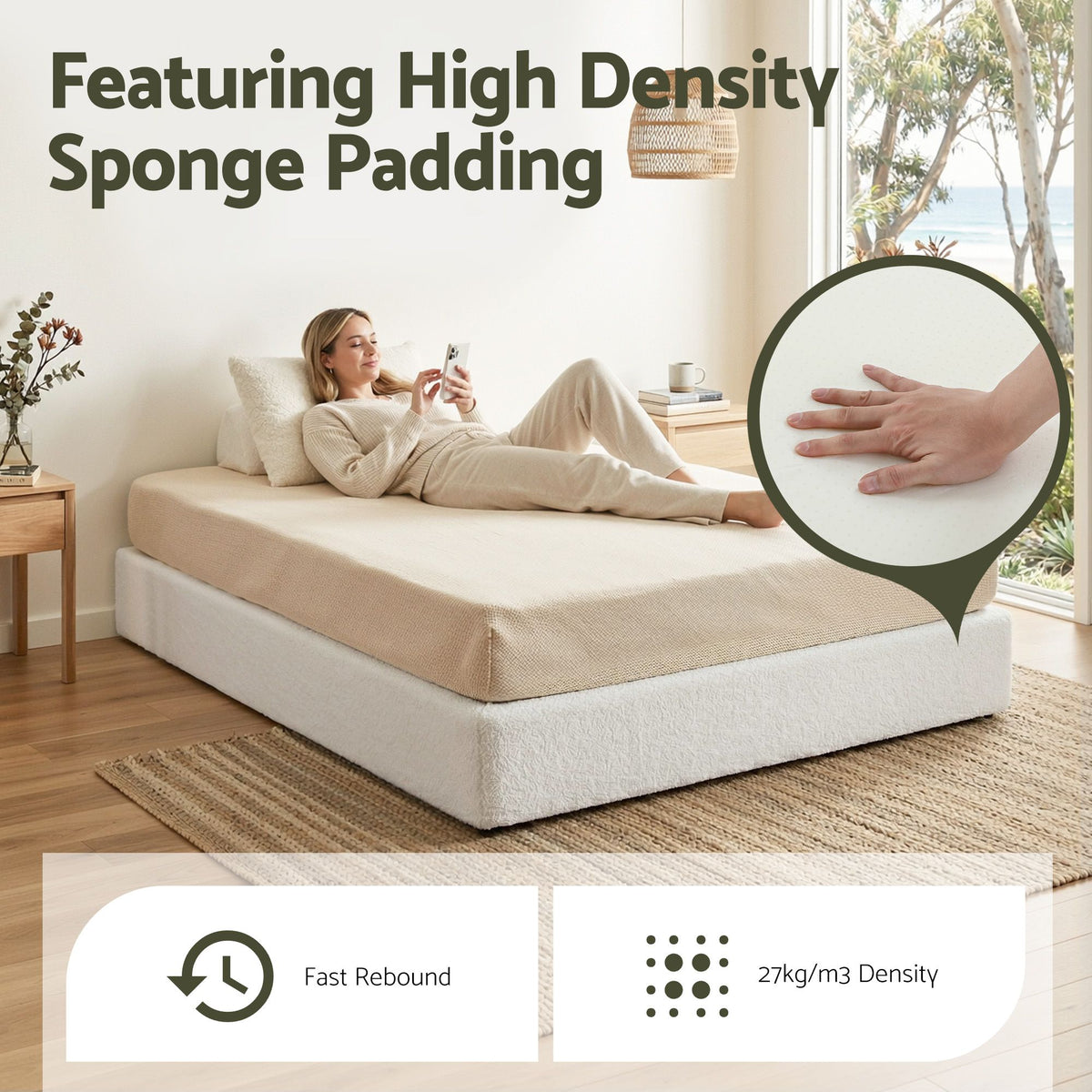 Artiss Compression Bed Frame Queen Size No Assembly Vacuum High Density Sponge Boucle Cream White