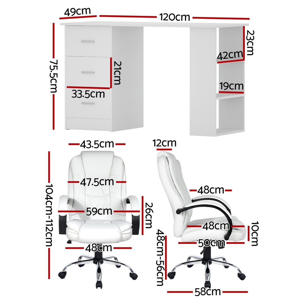 Artiss Computer Desk 120cm Executive Office Chair Set PU Leather High Back White