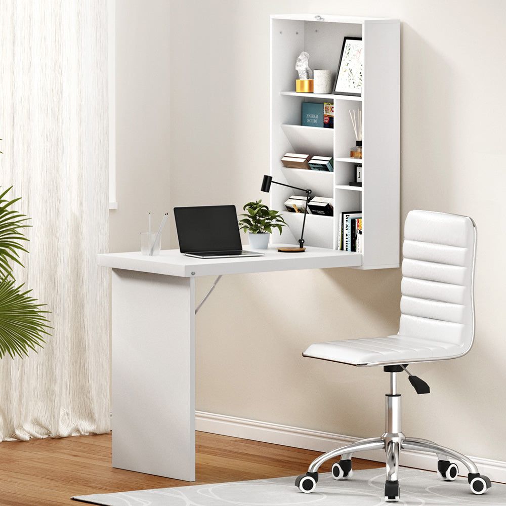 Artiss Computer Desk Office Chair Set PU Leather Wall Mount Foldable Table White