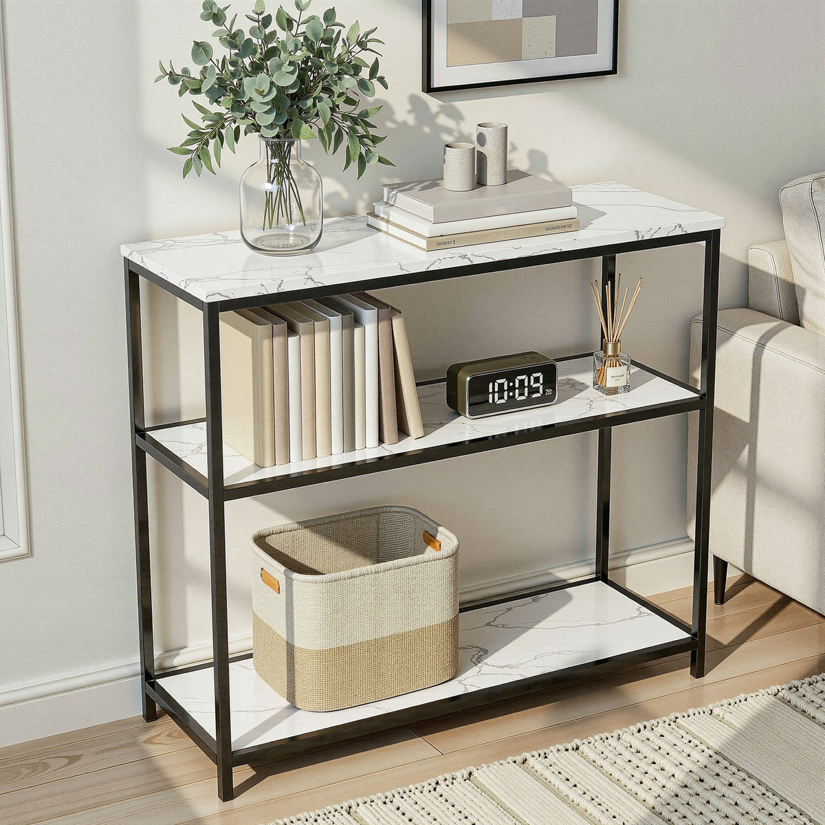 Artiss Console Table Marble Effect 3-Tier Sofa Entryway Side Table 90CM White