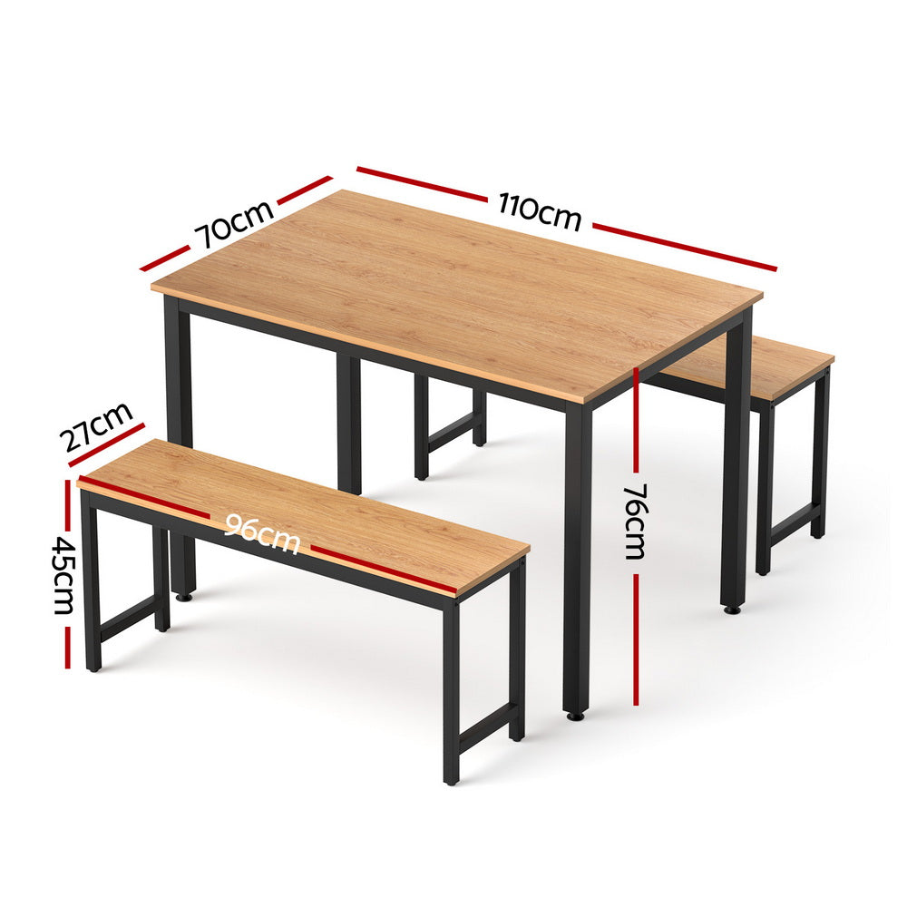 Artiss Dining Table and Chairs Set 3PCS Kitchen Metal Desk Bench Natural Oak