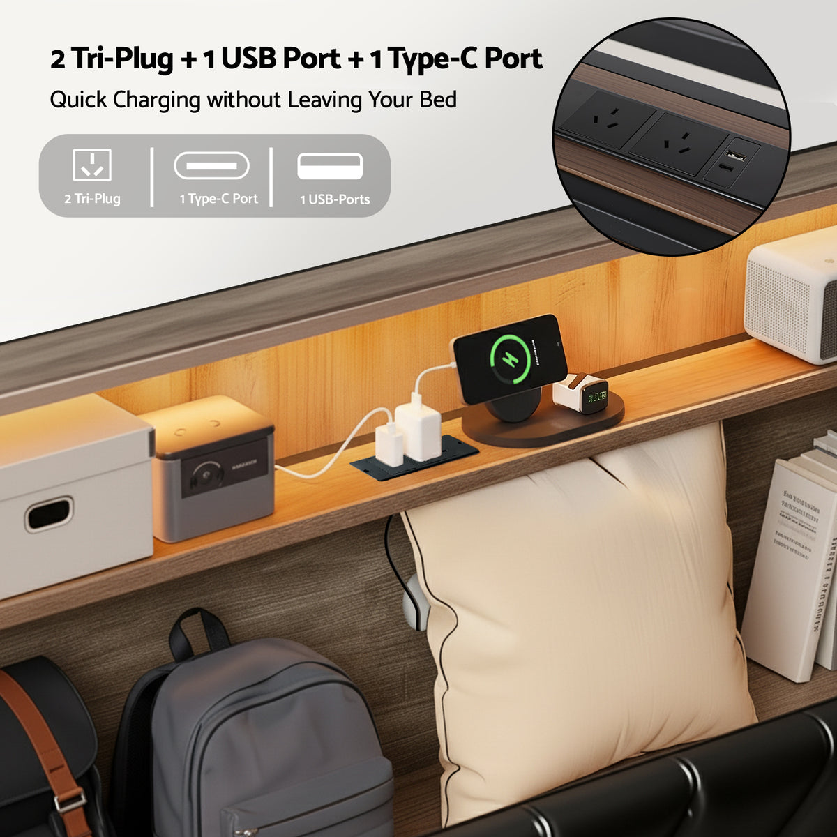 Artiss Double Bed Frame LED Storage Headboard with Charging Station Black