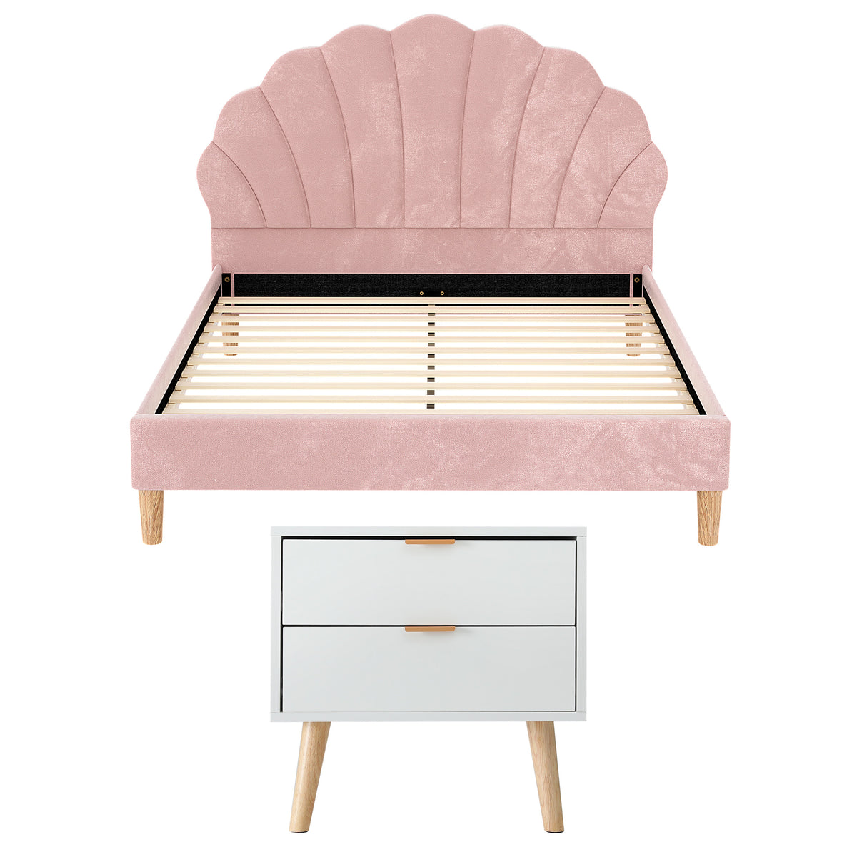 Artiss Double Bed Frame Scallop Headboard Pink Velvet with 2 Drawer Bedside Table