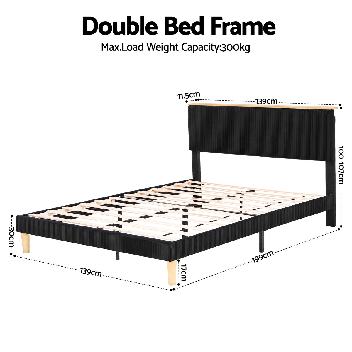 Artiss Double Bed Frame Upholstered Adjustable Headboard Mood Lighting Heavy Duty Black Velvet