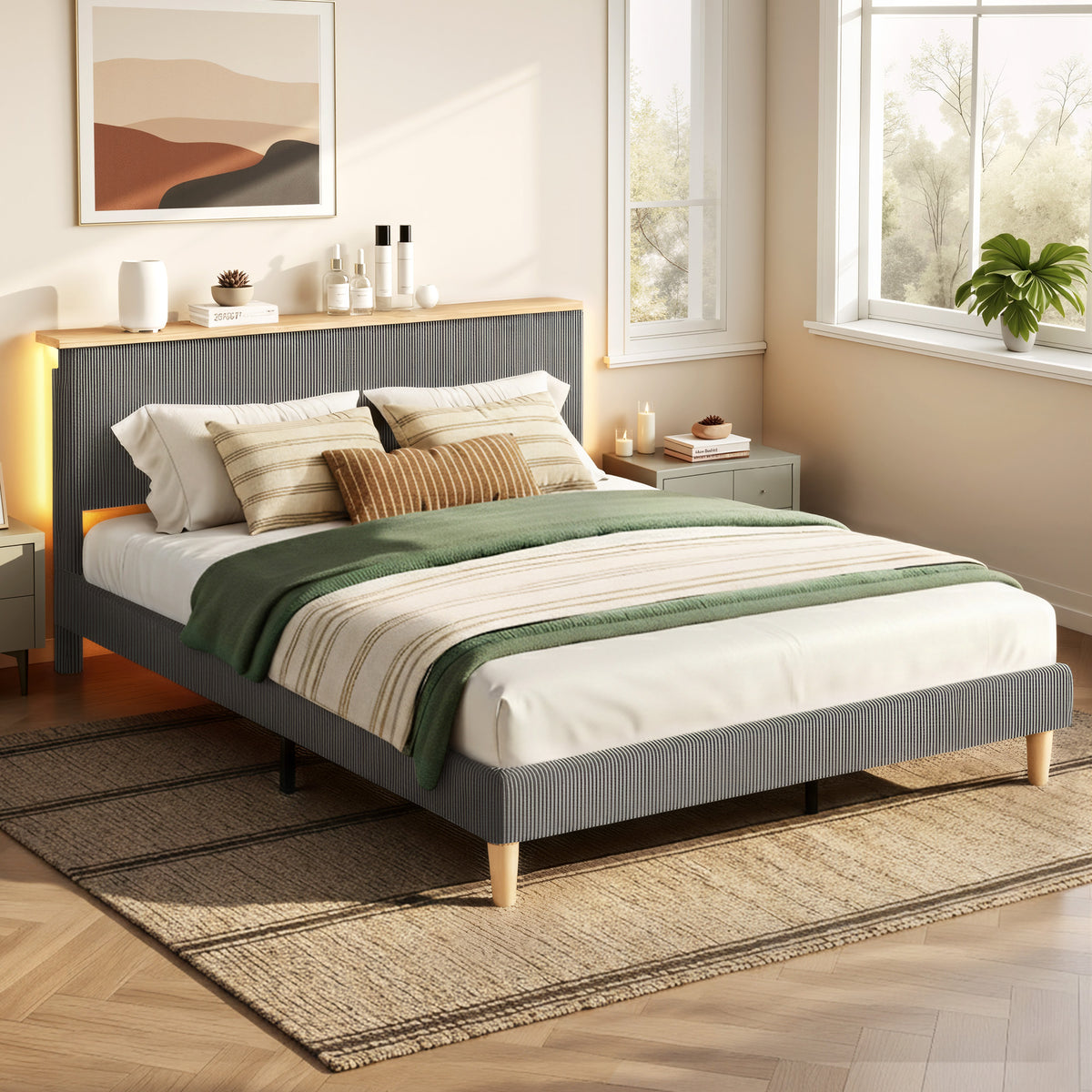 Artiss Double Bed Frame Upholstered Adjustable Headboard Mood Lighting Heavy Duty Grey Velvet