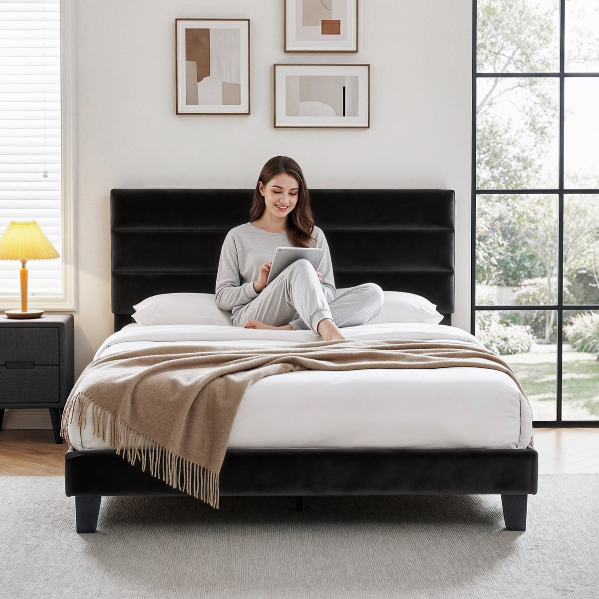 Artiss Double Bed Frame Upholstered Platform Base with Geometric Headboard Black Velvet