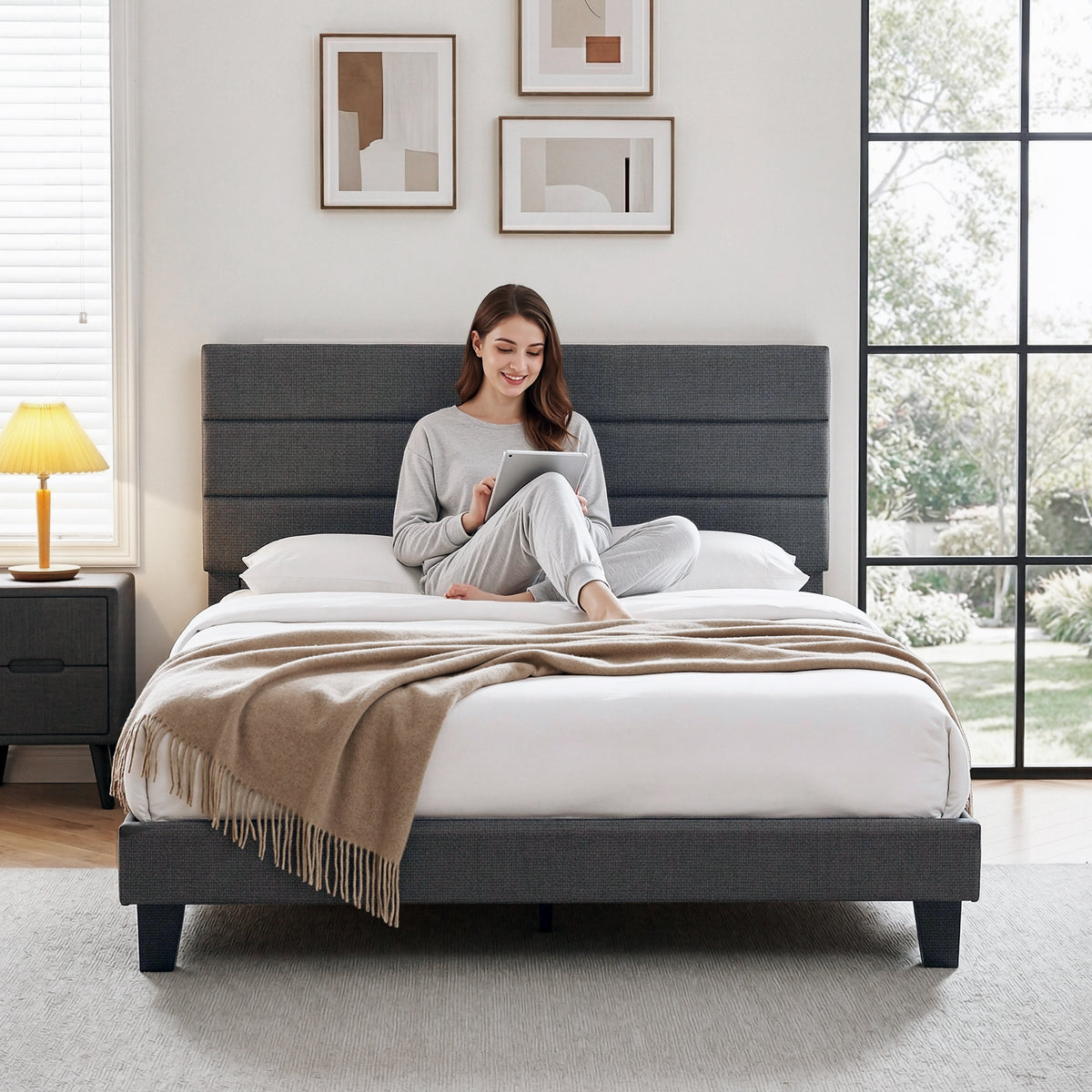 Artiss Double Bed Frame Upholstered Platform Base with Geometric Headboard Charcoal Grey Linen Wood Slats for Modern Bedroom Furniture Home Decor