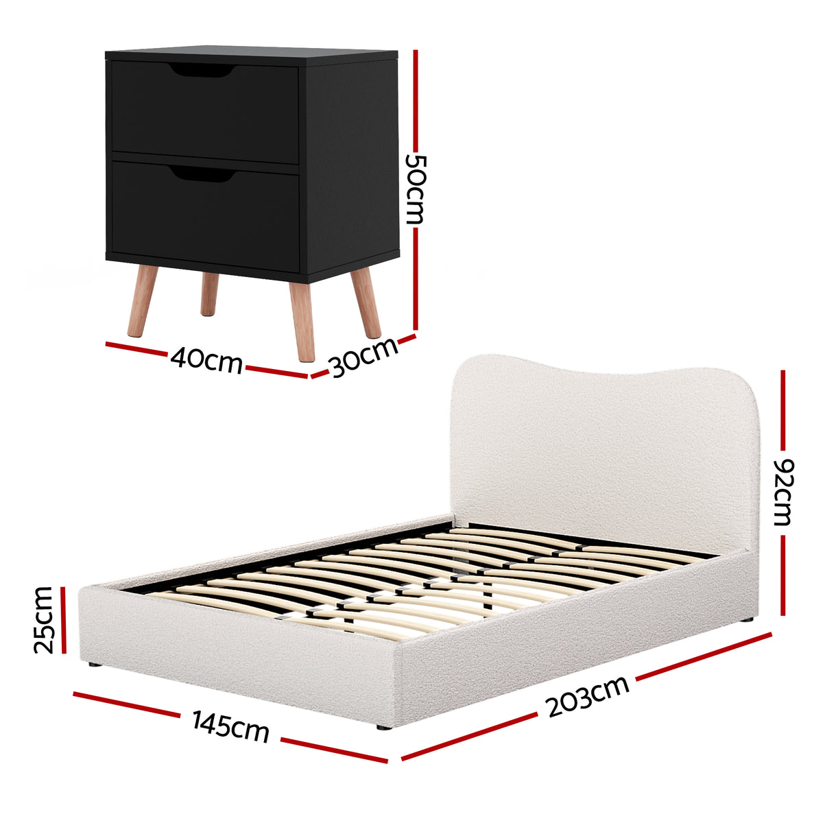 Artiss Double Bed Frame and Bedside Table Set Boucle Beige with Headboard Black Nightstand