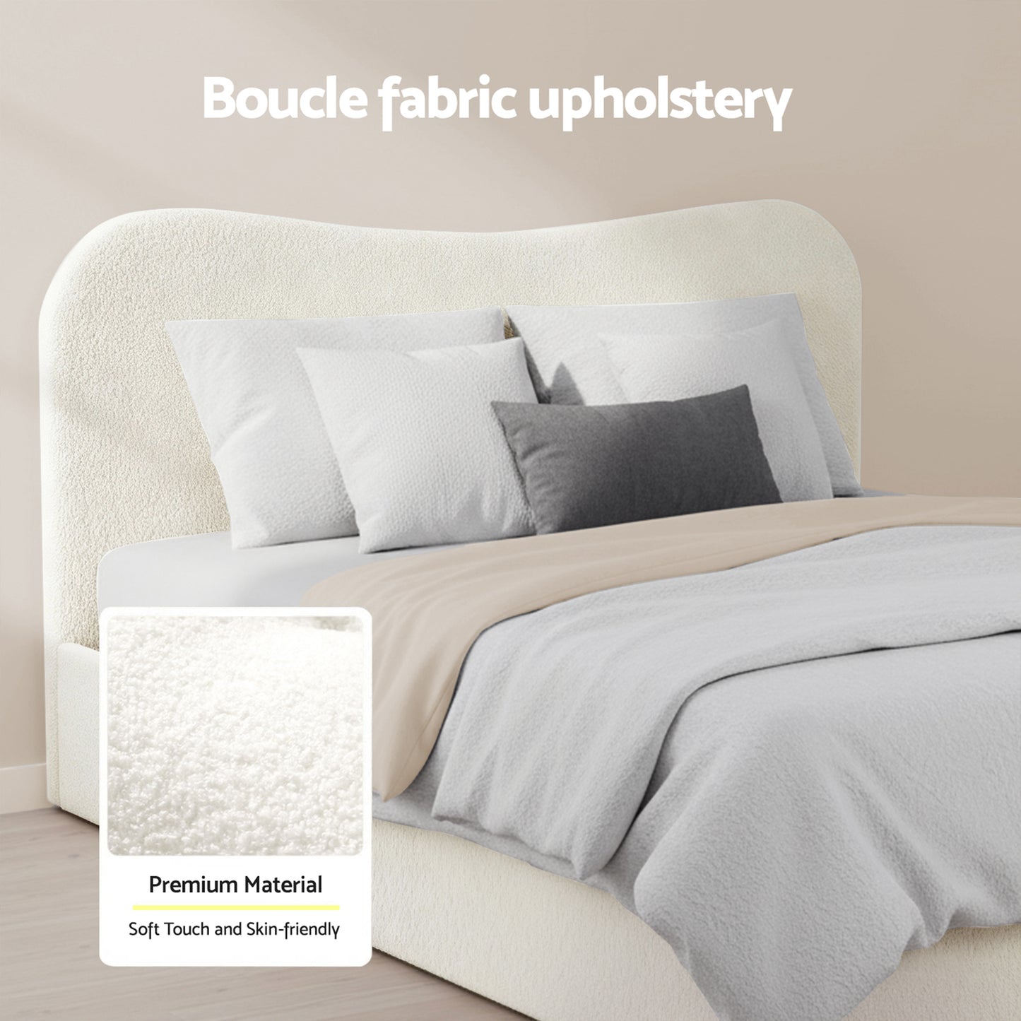 Artiss Double Bed Frame and Bedside Table Set Boucle Beige with Headboard Black Nightstand