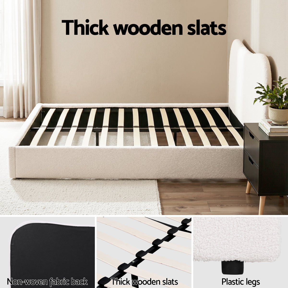 Artiss Double Bed Frame and Bedside Table Set Boucle Beige with Headboard Black Nightstand