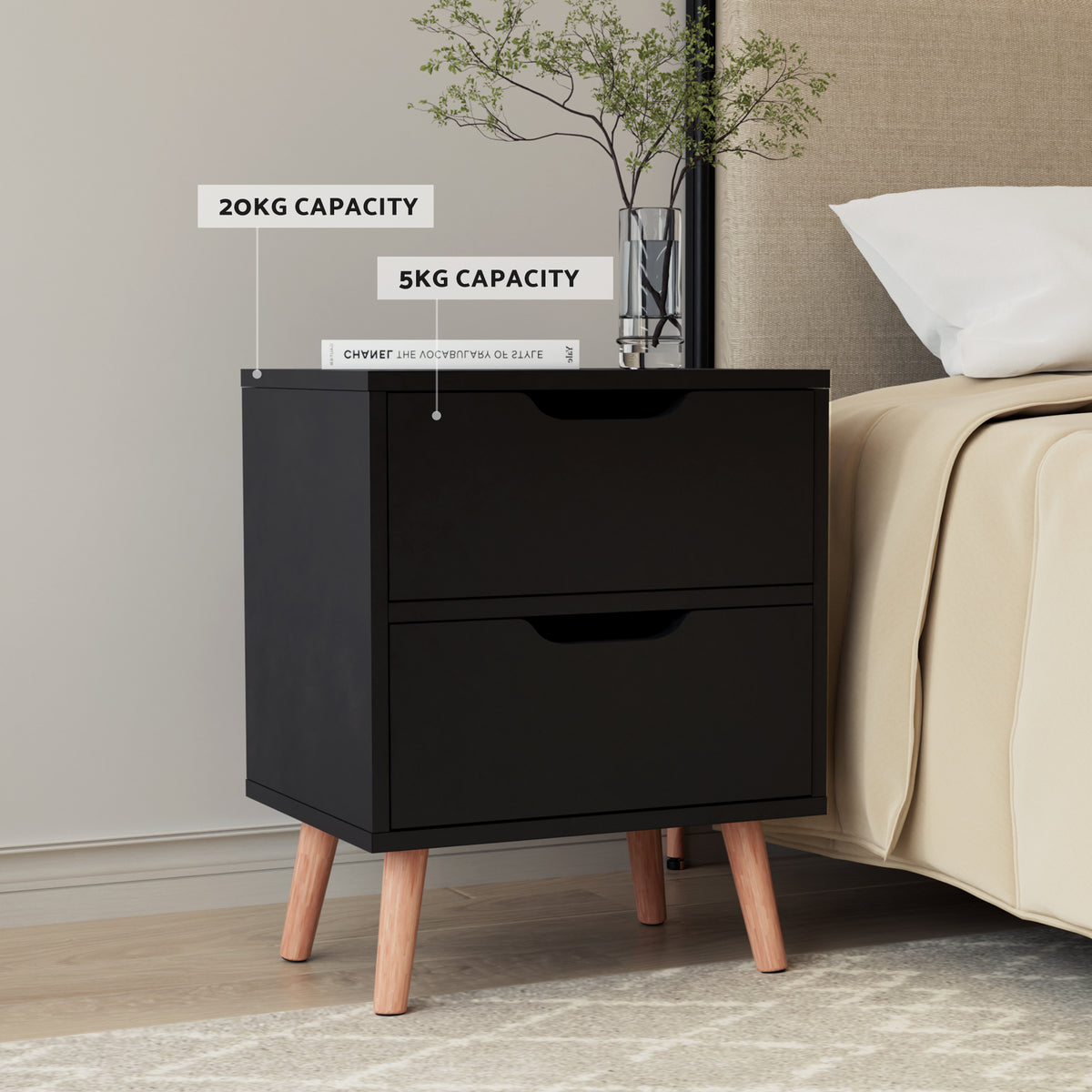 Artiss Double Bed Frame and Bedside Table Set Boucle Beige with Headboard Black Nightstand