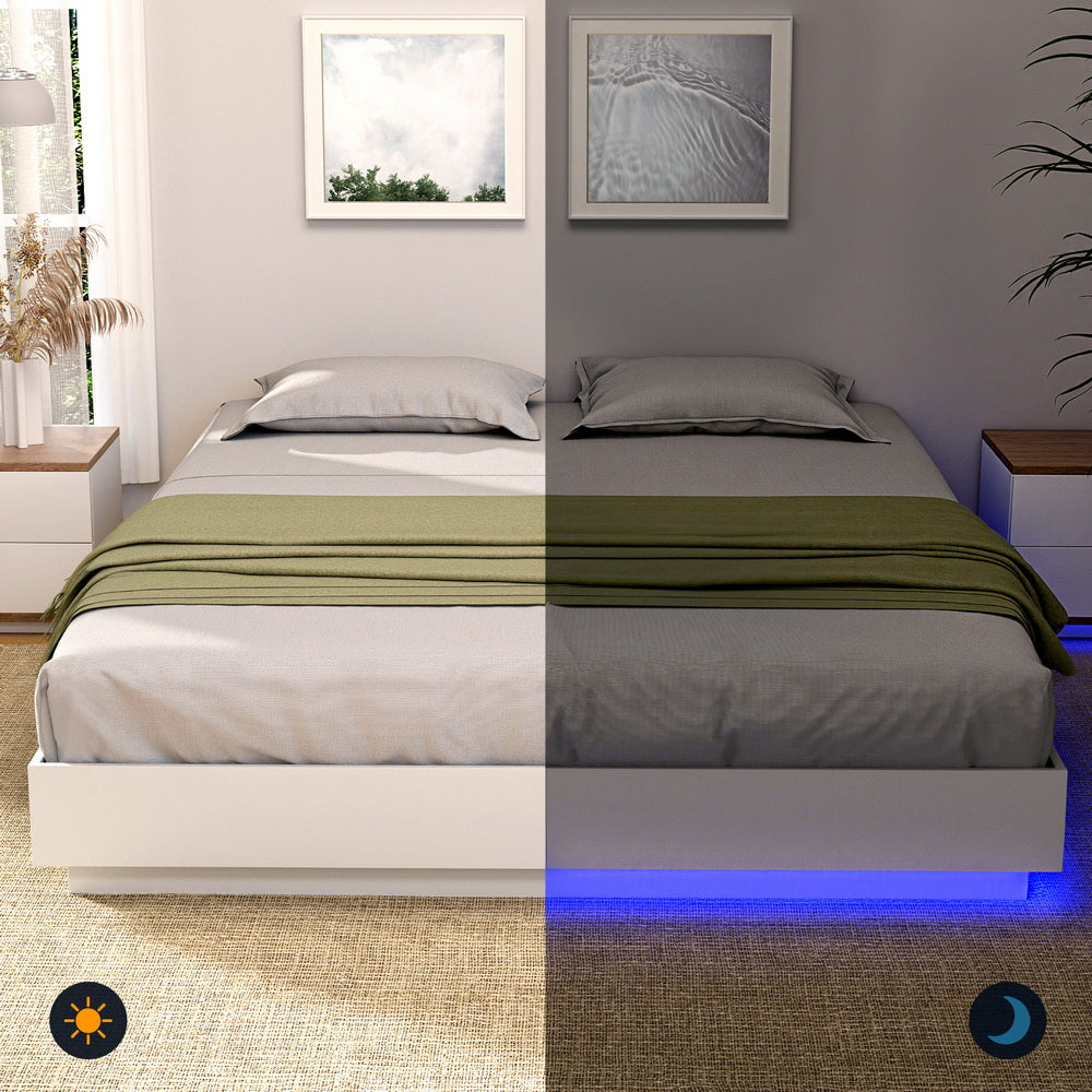 Artiss Double Bed Frame with 16Colour Led Light Wooden Platform Bed Base DAYGLOW