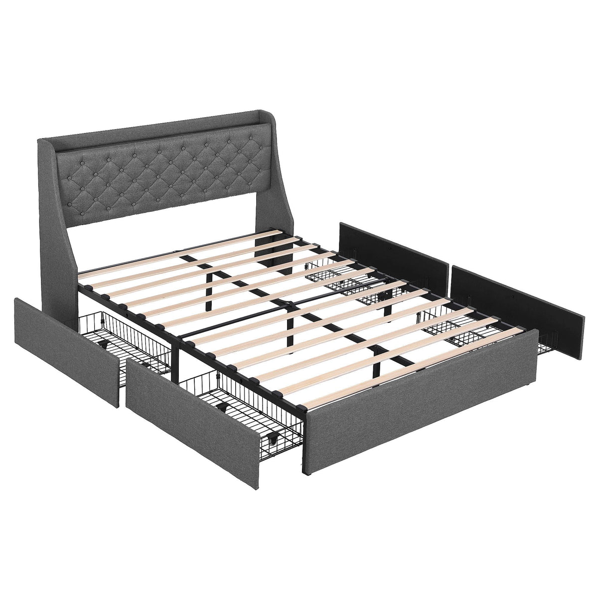 Artiss Double Bed Frame with 4 Storage Drawers and Charging Station Tufted Wingback Headboard 300kg Loads Charcoal Grey