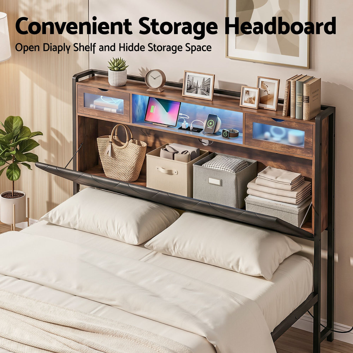 Artiss Double Bed Frame with LED Lights Storage Headboard 2 USB 2 AC Outlets Charging Station