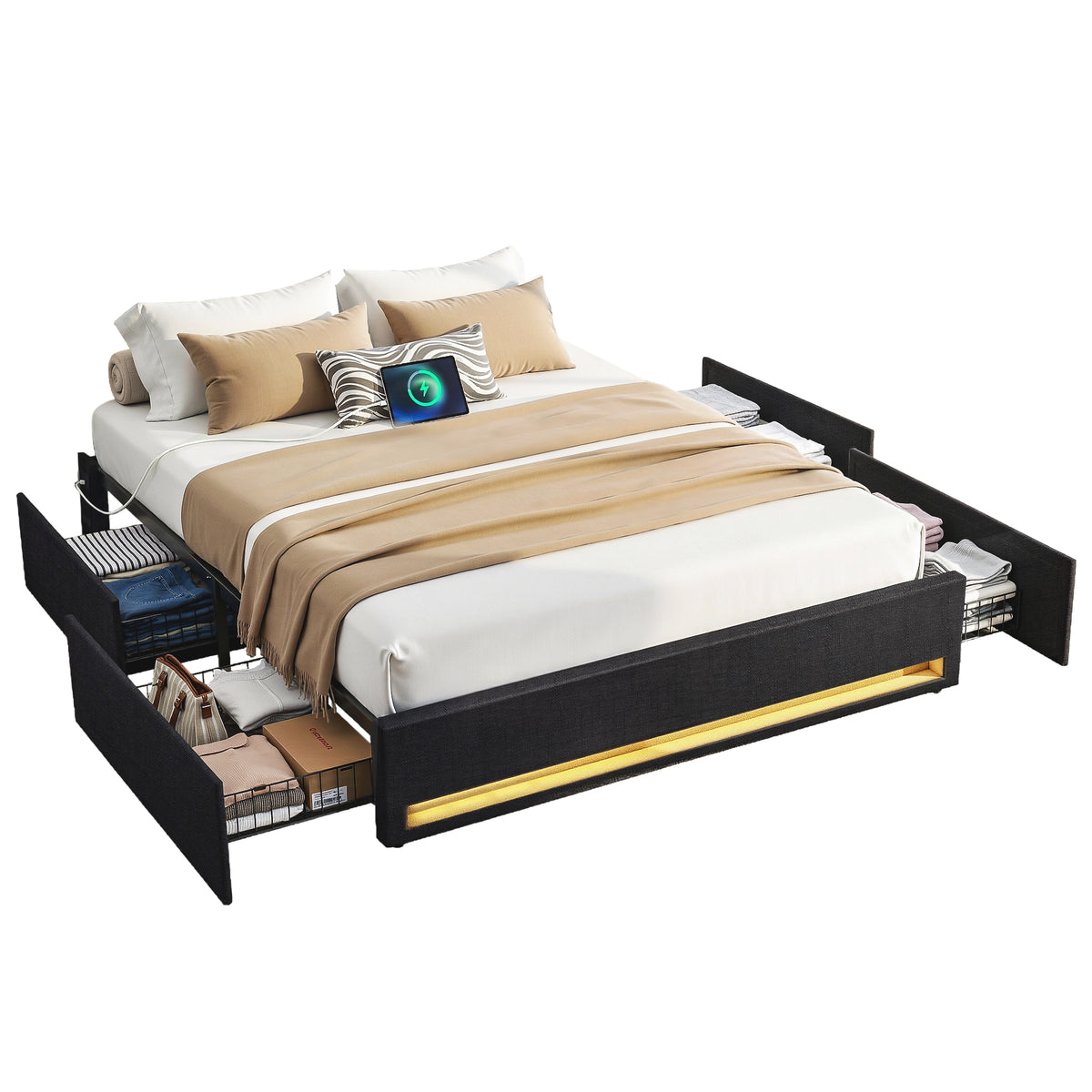 Artiss Double Bed Frame with Storage Drawers RGB Lights Charging Station Upholstered Fabric