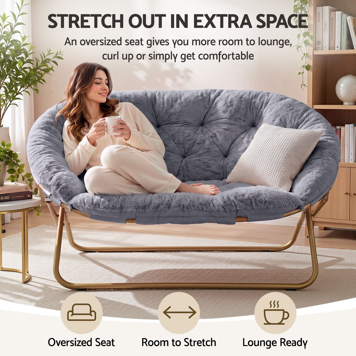Artiss Double Saucer Chair Soft Faux Fur Lounge Foldable Oversize Chair for Bedroom Grey
