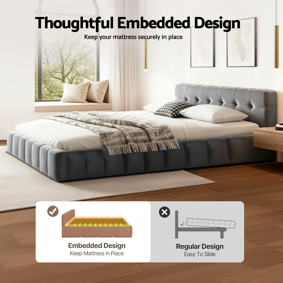 Artiss Double Size Bed Frame Plush Soft Headboard Velvet Platform Base for Modern Bedrooms Grey