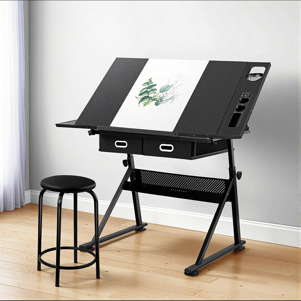 Artiss Drawing Desk Stool Set Drafting Table Adjustable Angle Tilt Drawers Black