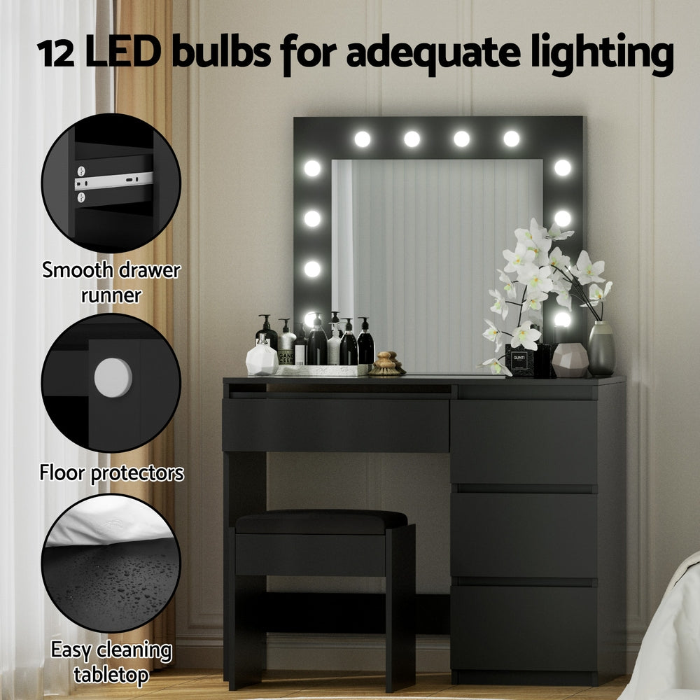 Artiss Dressing Table Set Stool 12 Led Bulbs Black
